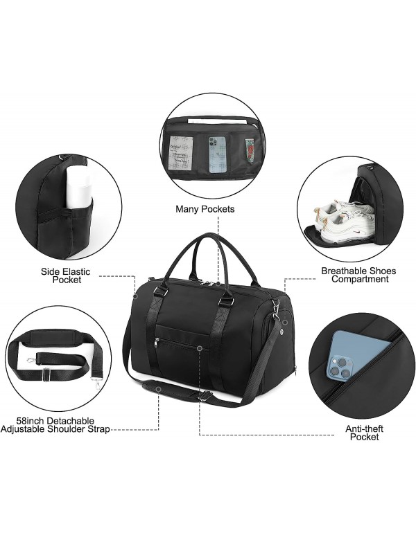 Hanples Gym Bag, Waterproof Travel Bag, Weekender Overnight Bag for Men Women, Large Travel Duffle Bag with Shoe Compartment & Wet Pocket, Sport Tote Bags for Swimming, Yoga, Travel, Gym