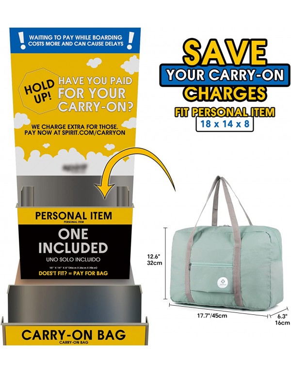 Narwey For Spirit Airlines Foldable Travel Duffel Bag Tote Carry on Luggage Sport Duffle Weekender Overnight for Women and Girls (1112 Mint Green)