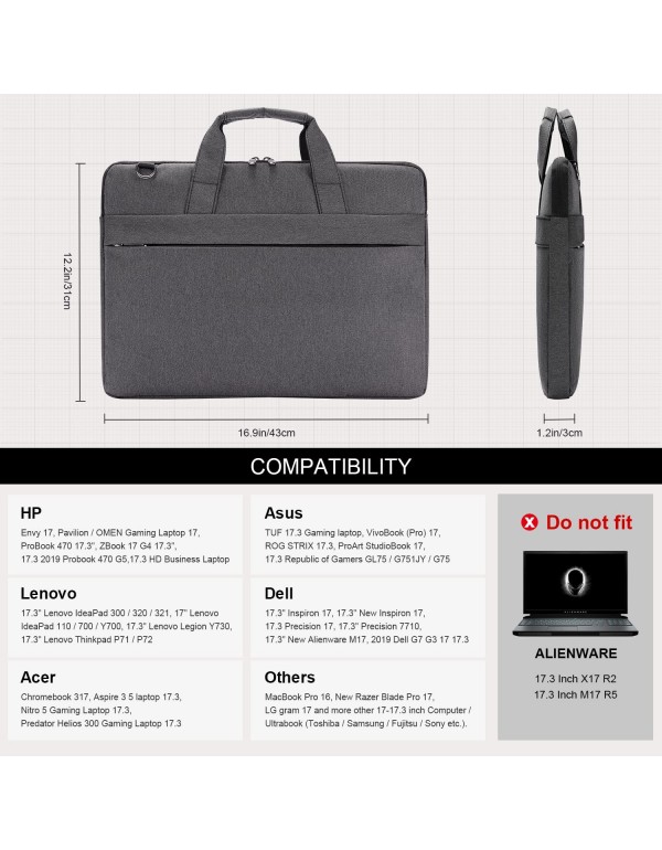 BERTASCHE Laptop Bag 17 17.3 inch, Laptop Case Sleeve Computer Bag, Water-resistant Laptop Carrying Case Notebook Briefcase w/Shoulder Strap Compatible with HP/Asus/Lenovo/Acer/Dell, Grey