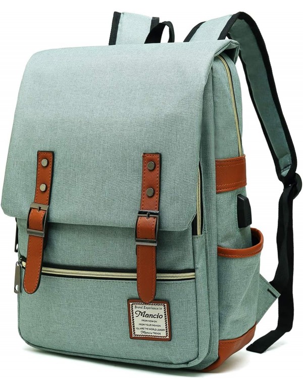 Mancio Vintage Laptop Backpack with USB Charging Port, Slim Tear Resistant Business Backpack for Travelling,  College, Casual Daypacks for Men,Women, Fits up to 15.6Inch Notebook, Green