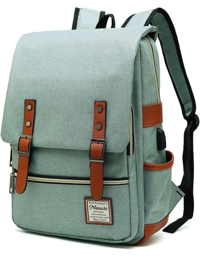 Mancio Vintage Laptop Backpack with USB Charging Port, Slim Tear Resistant Business Backpack for Travelling,  College, Casual Daypacks for Men,Women, Fits up to 15.6Inch Notebook, Green