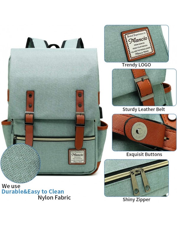Mancio Vintage Laptop Backpack with USB Charging Port, Slim Tear Resistant Business Backpack for Travelling,  College, Casual Daypacks for Men,Women, Fits up to 15.6Inch Notebook, Green