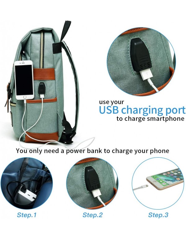 Mancio Vintage Laptop Backpack with USB Charging Port, Slim Tear Resistant Business Backpack for Travelling,  College, Casual Daypacks for Men,Women, Fits up to 15.6Inch Notebook, Green