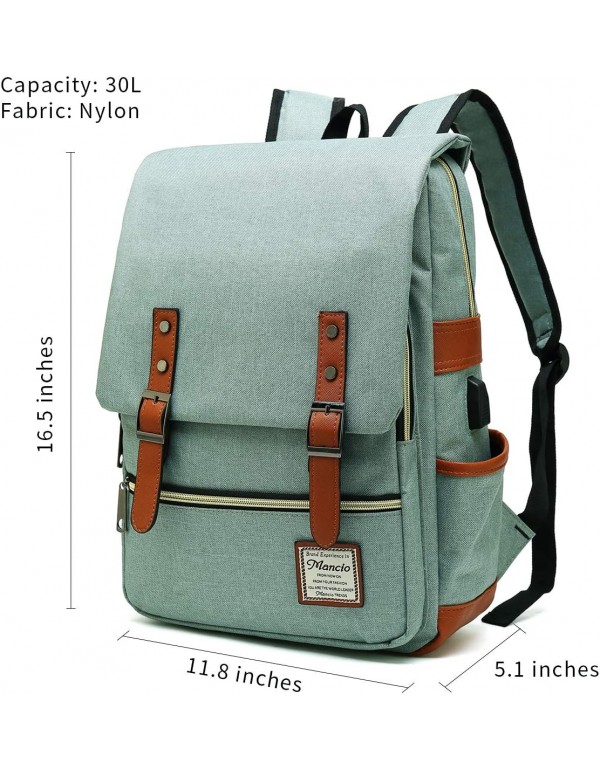 Mancio Vintage Laptop Backpack with USB Charging Port, Slim Tear Resistant Business Backpack for Travelling,  College, Casual Daypacks for Men,Women, Fits up to 15.6Inch Notebook, Green