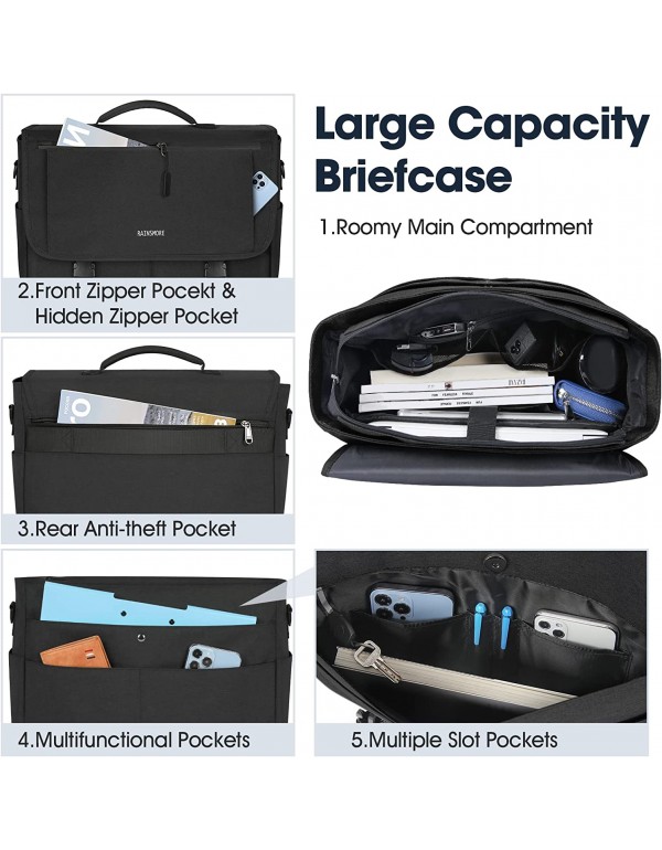 Messenger Bag for Men Messenger Bag 15.6 Inch Water Resistant Laptop Bag Casual Satchel Bags for Men Large College Computer Bag Office Work Briefcase Fashion Crossbody Shoulder Handbag, Black