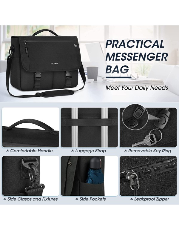 Messenger Bag for Men Messenger Bag 15.6 Inch Water Resistant Laptop Bag Casual Satchel Bags for Men Large College Computer Bag Office Work Briefcase Fashion Crossbody Shoulder Handbag, Black