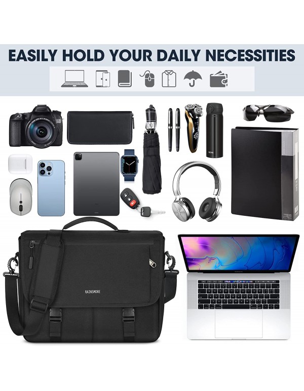 Messenger Bag for Men Messenger Bag 15.6 Inch Water Resistant Laptop Bag Casual Satchel Bags for Men Large College Computer Bag Office Work Briefcase Fashion Crossbody Shoulder Handbag, Black