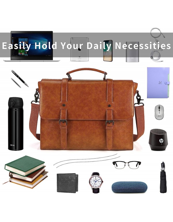Leather Mens Messenger Bag Vintage 15.6 Inch Waterproof Leather Laptop Briefcase Large Satchel Shoulder Bag Retro Office College Computer Laptop Bag, Brown