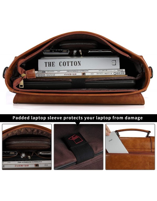 Leather Mens Messenger Bag Vintage 15.6 Inch Waterproof Leather Laptop Briefcase Large Satchel Shoulder Bag Retro Office College Computer Laptop Bag, Brown