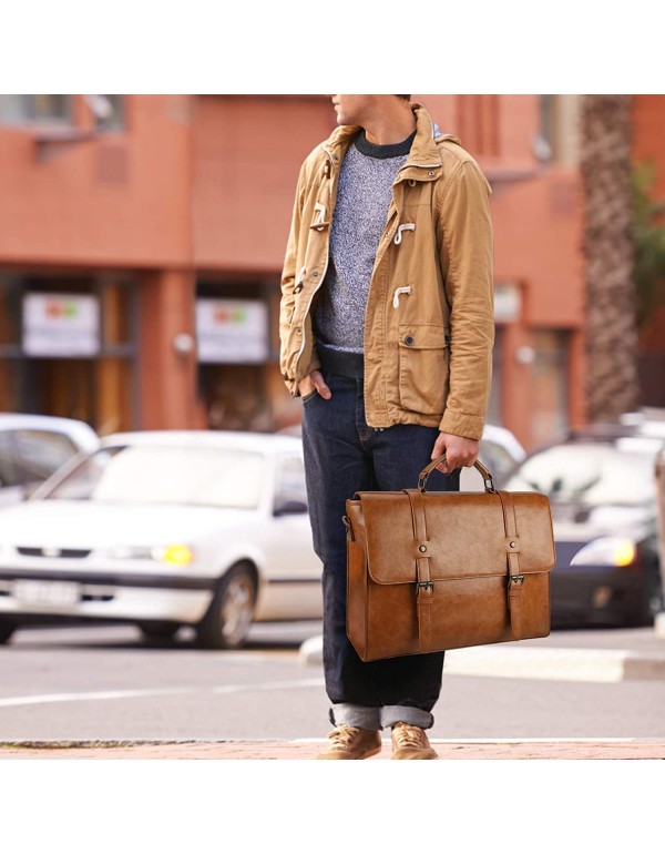 Leather Mens Messenger Bag Vintage 15.6 Inch Waterproof Leather Laptop Briefcase Large Satchel Shoulder Bag Retro Office College Computer Laptop Bag, Brown